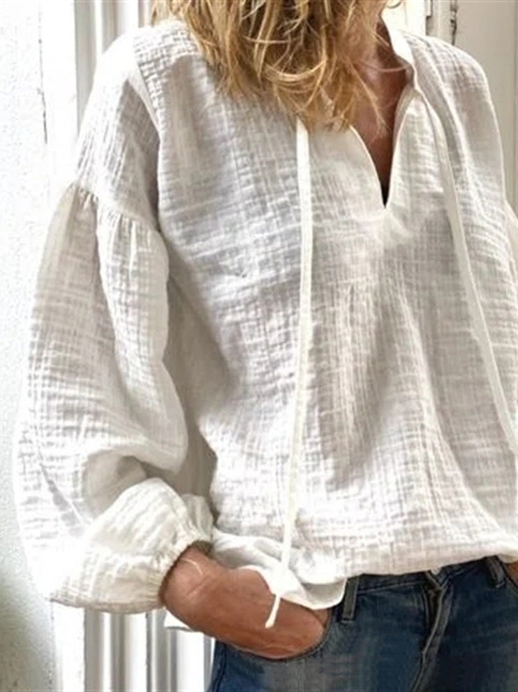 Women's Blouses Casual Solid V-Neck Long Sleeve Blouse