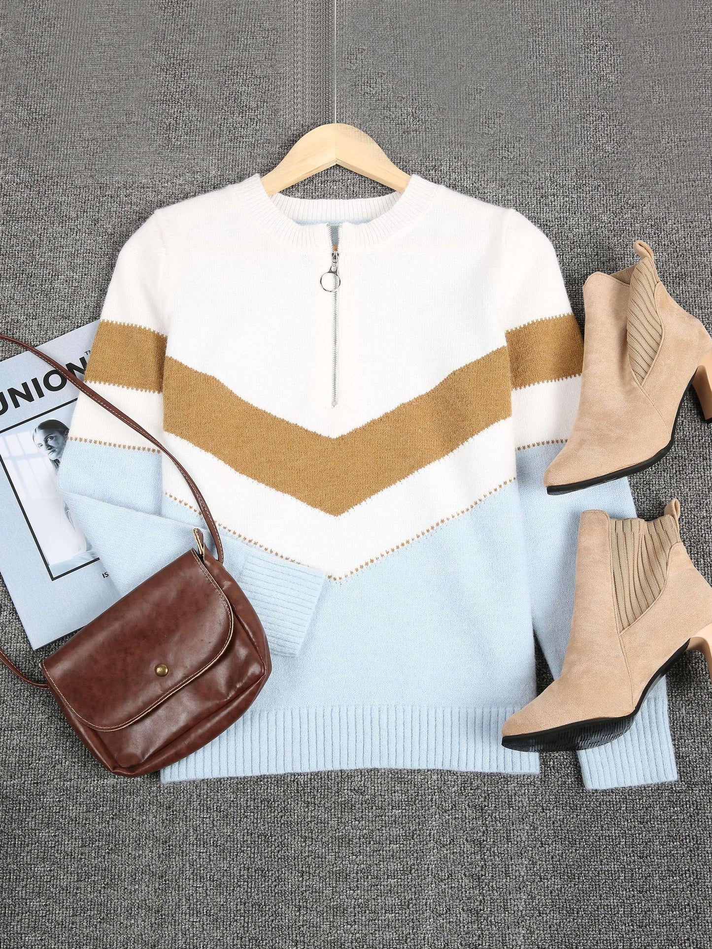 Women's Sweaters Zip V-Neck Multicolor Long Sleeve Sweater