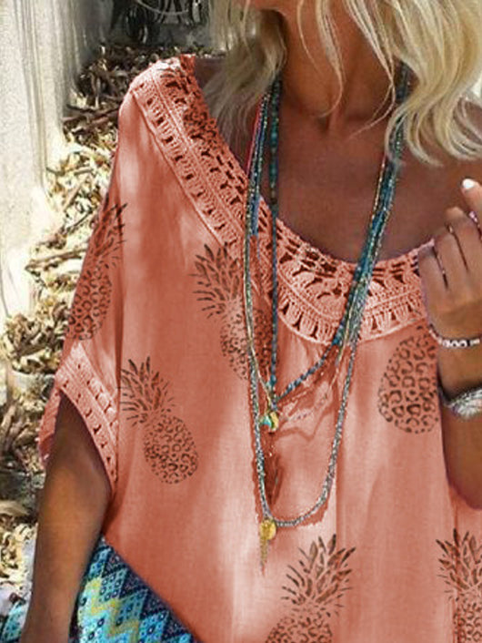 Casual Loose Lace V Neck Pineapple Print Mini Dress