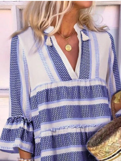 Casual Stripes V Neck 3/4 Sleeve Mini Dress