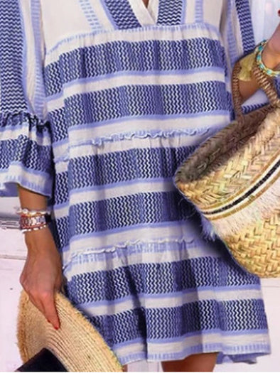 Casual Stripes V Neck 3/4 Sleeve Mini Dress