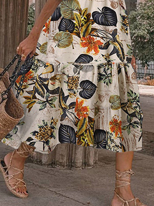 Fashion Print Round Neck 1/2 Sleeve Midi Dress