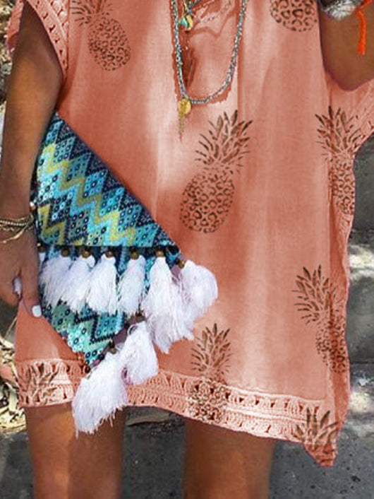 Casual Loose Lace V Neck Pineapple Print Mini Dress