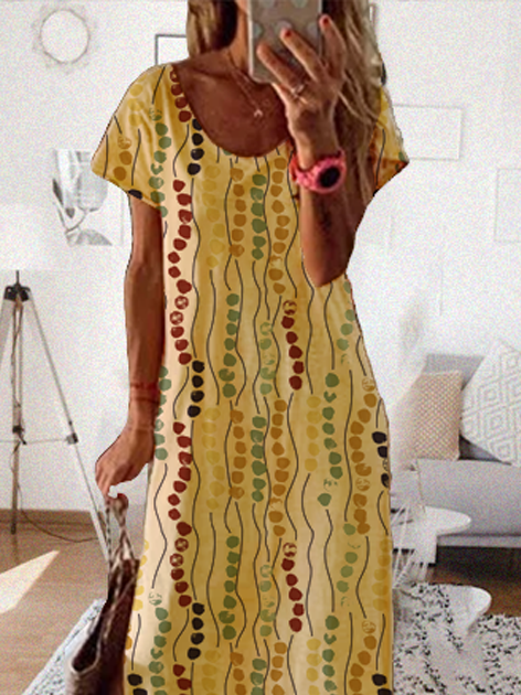 Loose Round Neck Short Sleeve Printed Dress