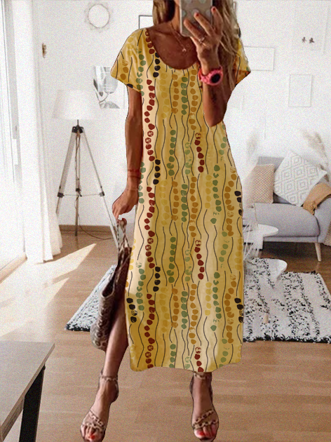Loose Round Neck Short Sleeve Printed Dress