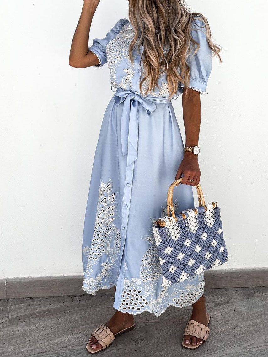 Cutout Short Sleeve Belted Shirt Dress