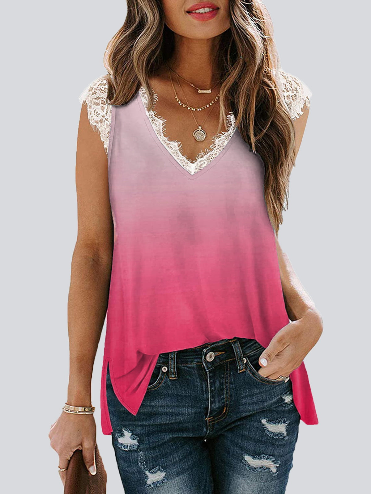 Casual Gradient Color  V Neck Sleeveless Tank Top