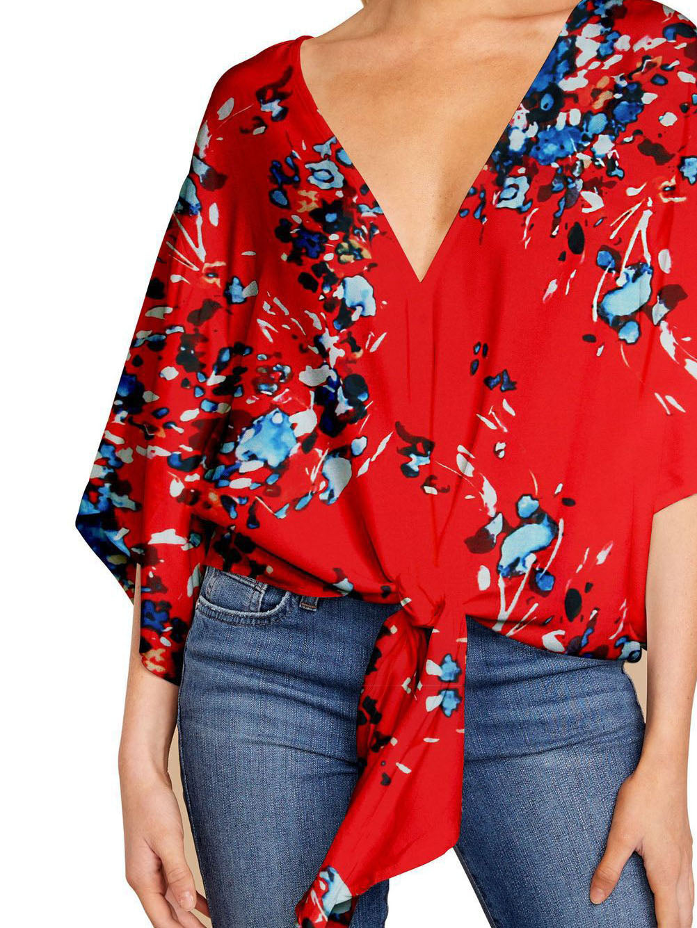 V-neck Mid-sleeve Knotted Print Top