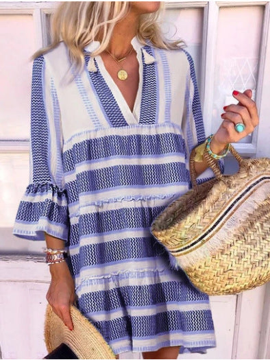 Casual Stripes V Neck 3/4 Sleeve Mini Dress