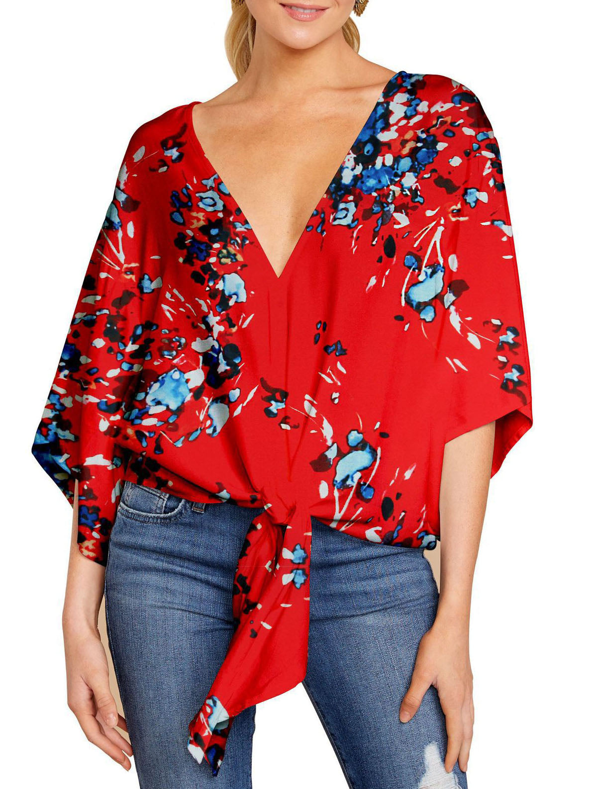 V-neck Mid-sleeve Knotted Print Top