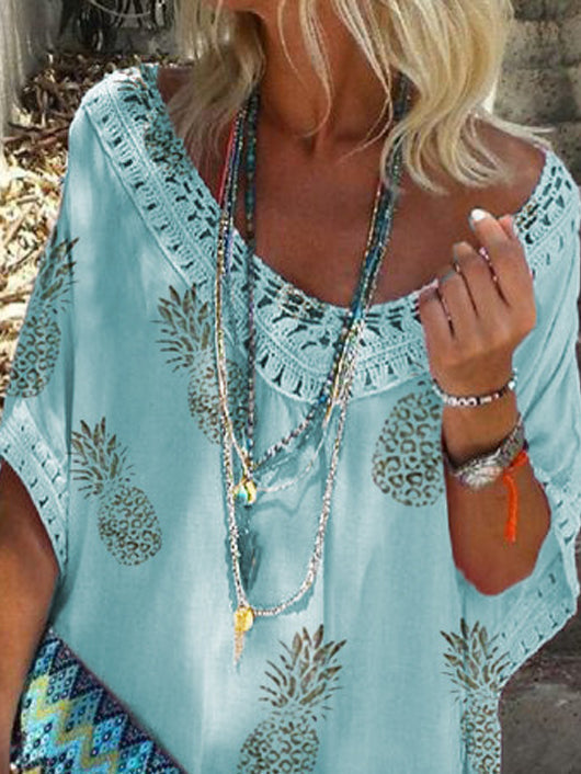 Casual Loose Lace V Neck Pineapple Print Mini Dress