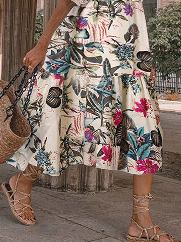 Fashion Print Round Neck 1/2 Sleeve Midi Dress