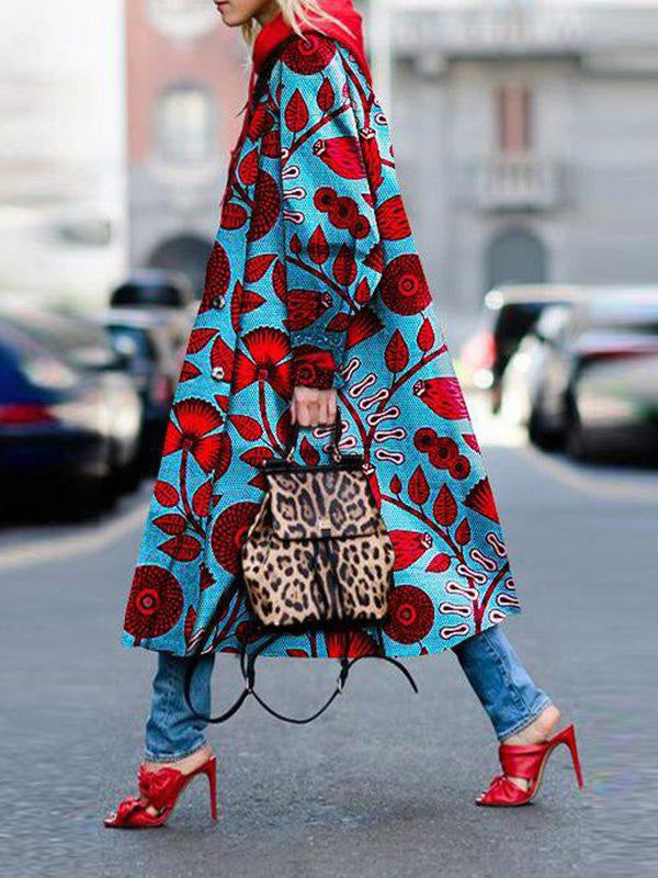 Women's Coats Fashion Print Lapel Long Sleeve Long Coats