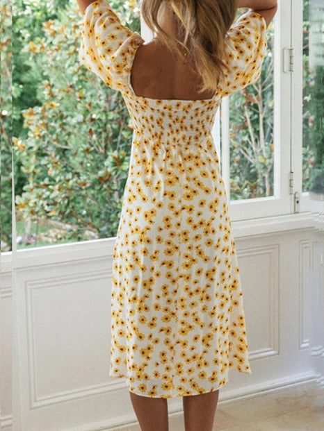 Floral Puff Sleeve Slim Slit Dress