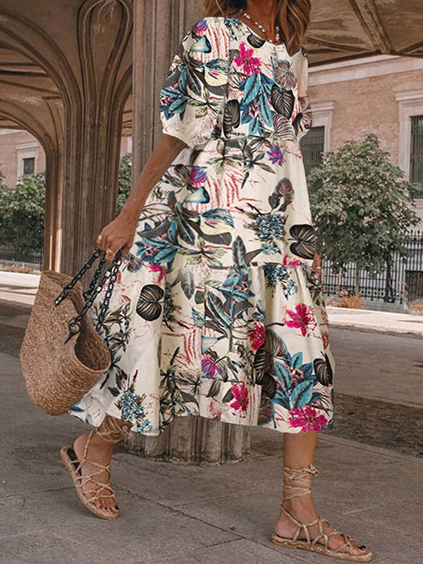 Fashion Print Round Neck 1/2 Sleeve Midi Dress