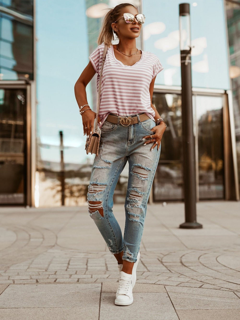 Casual V Neck Stripes Short Sleeve T-shirt