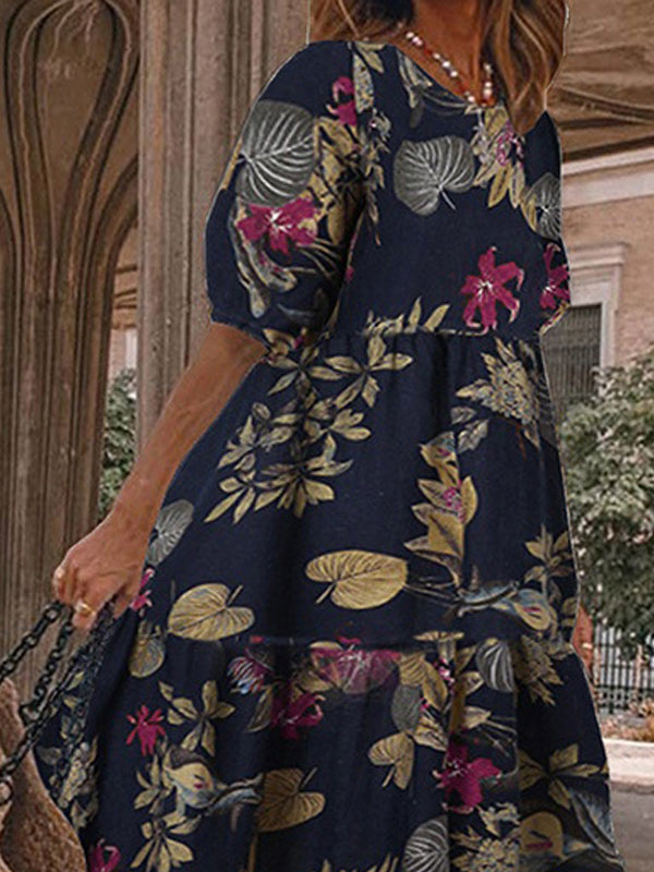 Fashion Print Round Neck 1/2 Sleeve Midi Dress