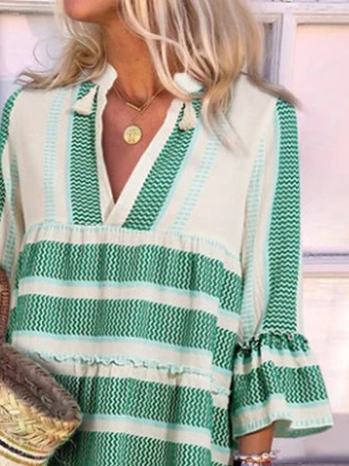 Casual Stripes V Neck 3/4 Sleeve Mini Dress