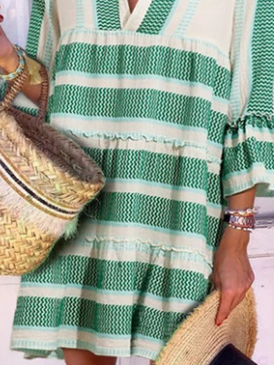 Casual Stripes V Neck 3/4 Sleeve Mini Dress