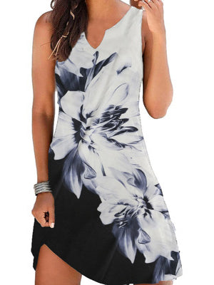 Elegant Floral Print V-neck Sleeveless Dress