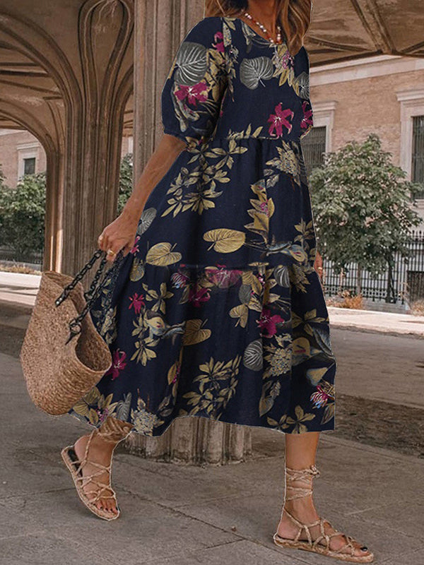 Fashion Print Round Neck 1/2 Sleeve Midi Dress