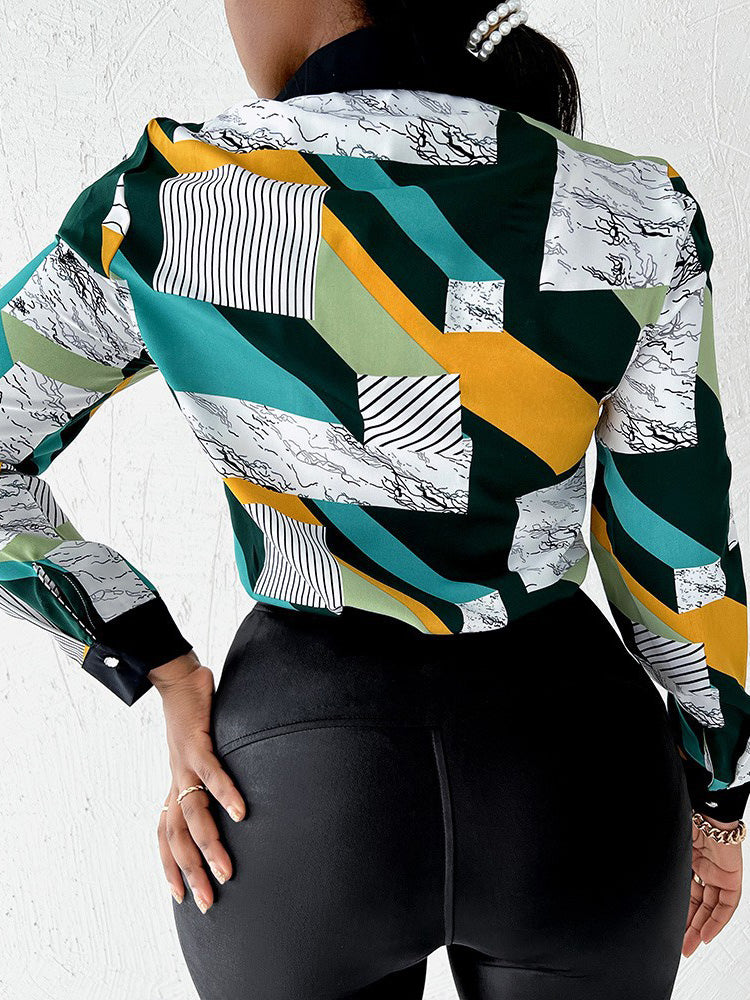 Women's Blouses Fashion Print Lapel Button Long Sleeve Blouse