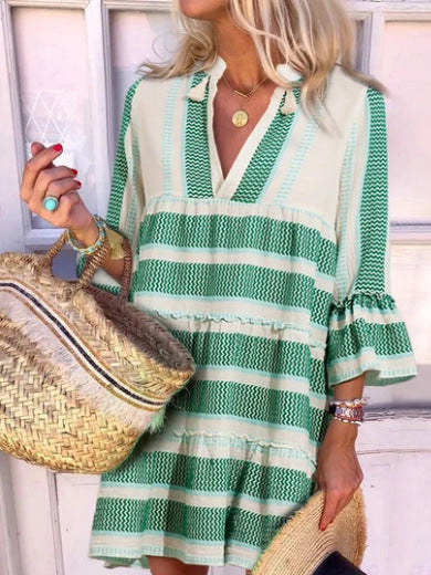 Casual Stripes V Neck 3/4 Sleeve Mini Dress