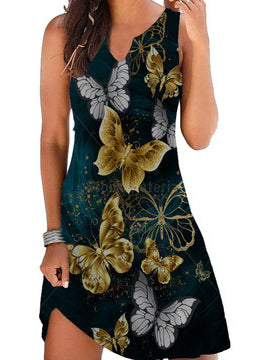 Elegant Floral Print V-neck Sleeveless Dress
