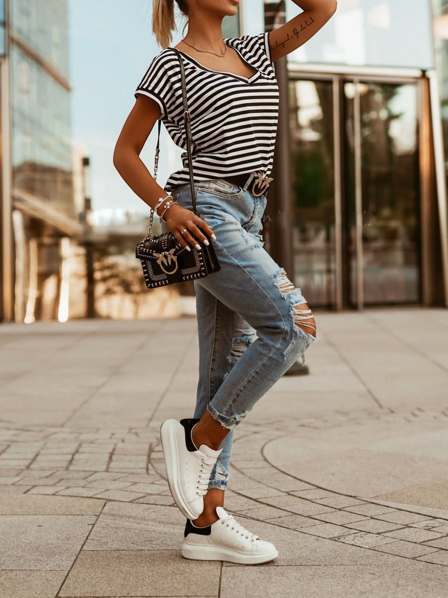 Casual V Neck Stripes Short Sleeve T-shirt