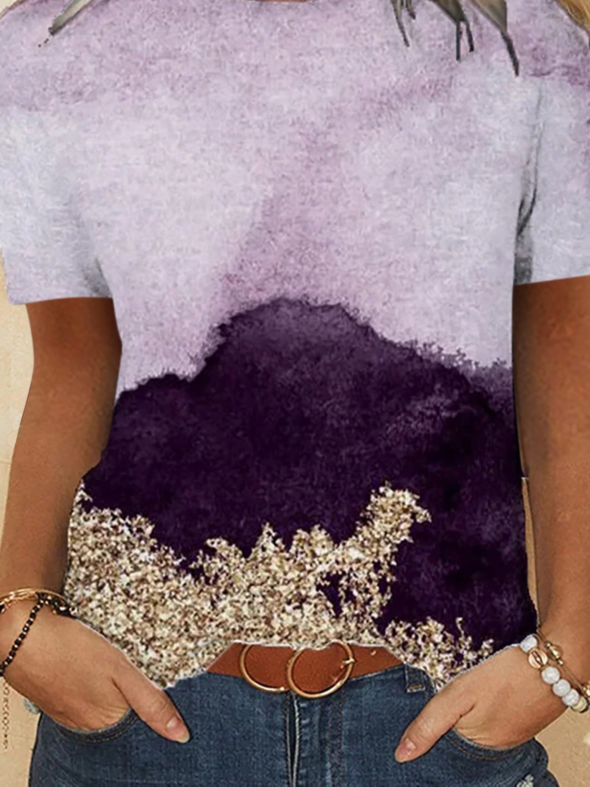 Casual Gradient Color Round Neck T-shirt