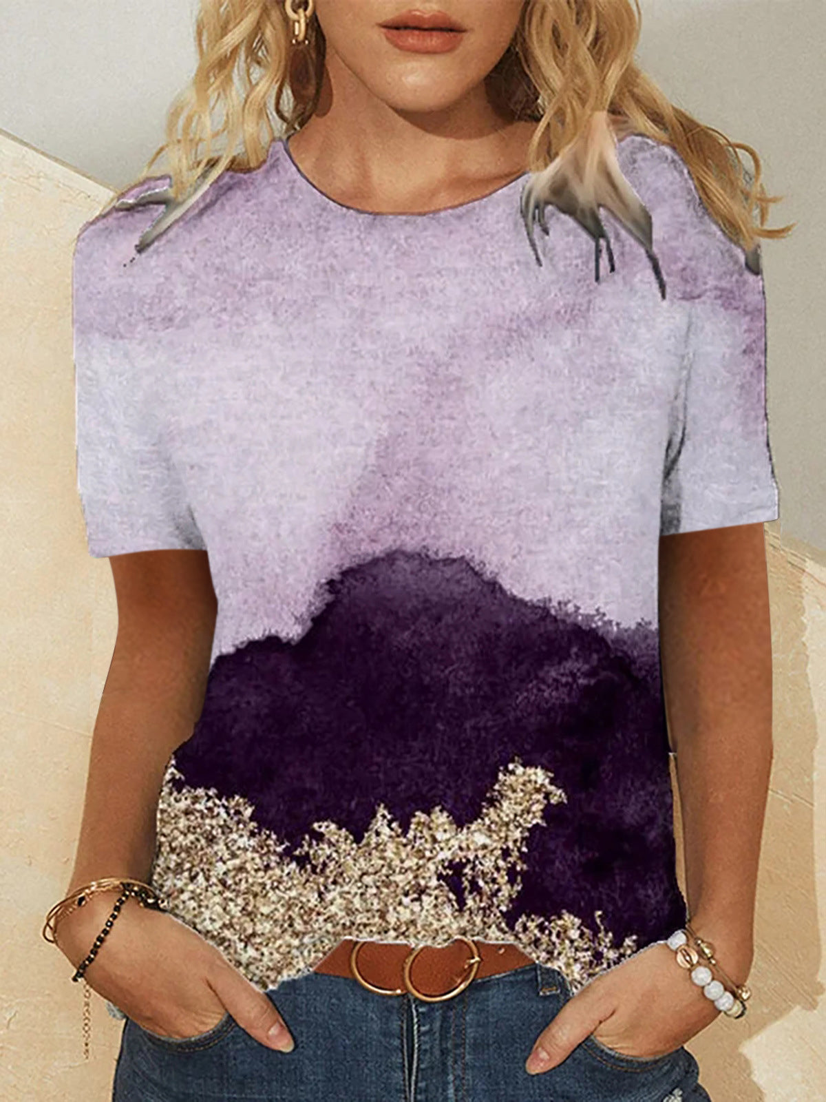 Casual Gradient Color Round Neck T-shirt