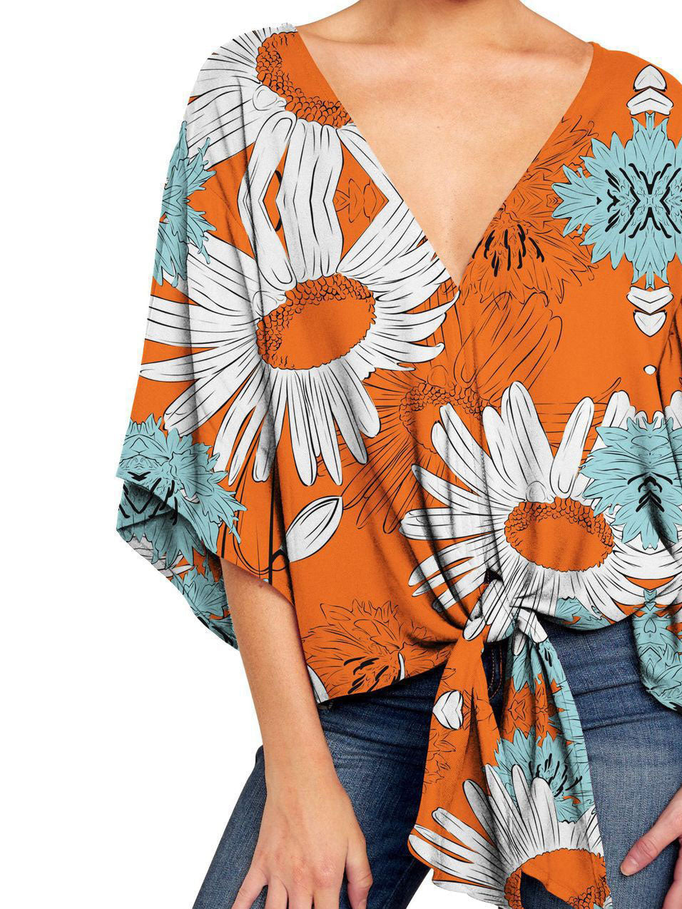 V-neck Mid-sleeve Knotted Print Top