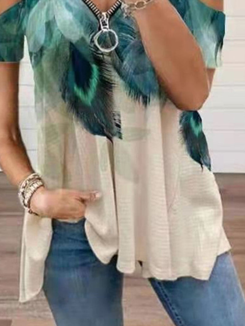 Casual Print V Neck Off Shoulder Loose T-shirt