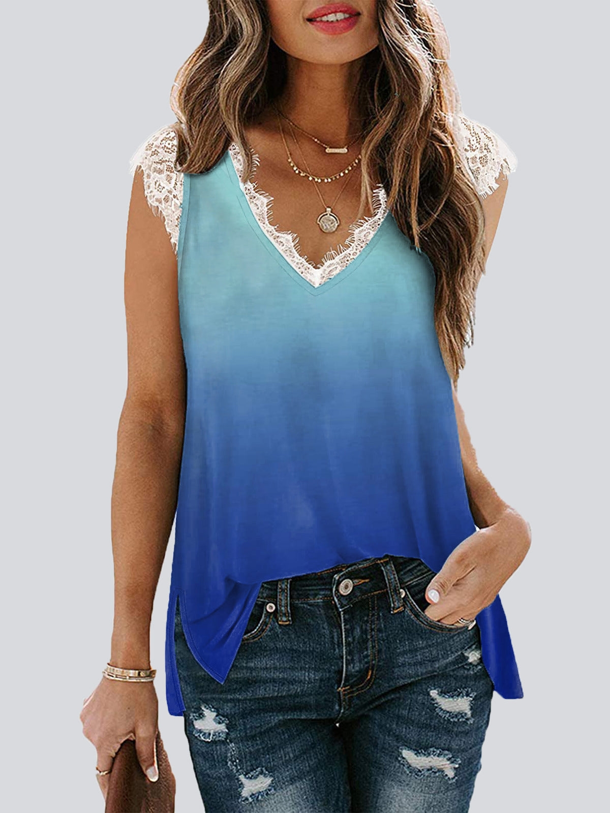 Casual Gradient Color  V Neck Sleeveless Tank Top