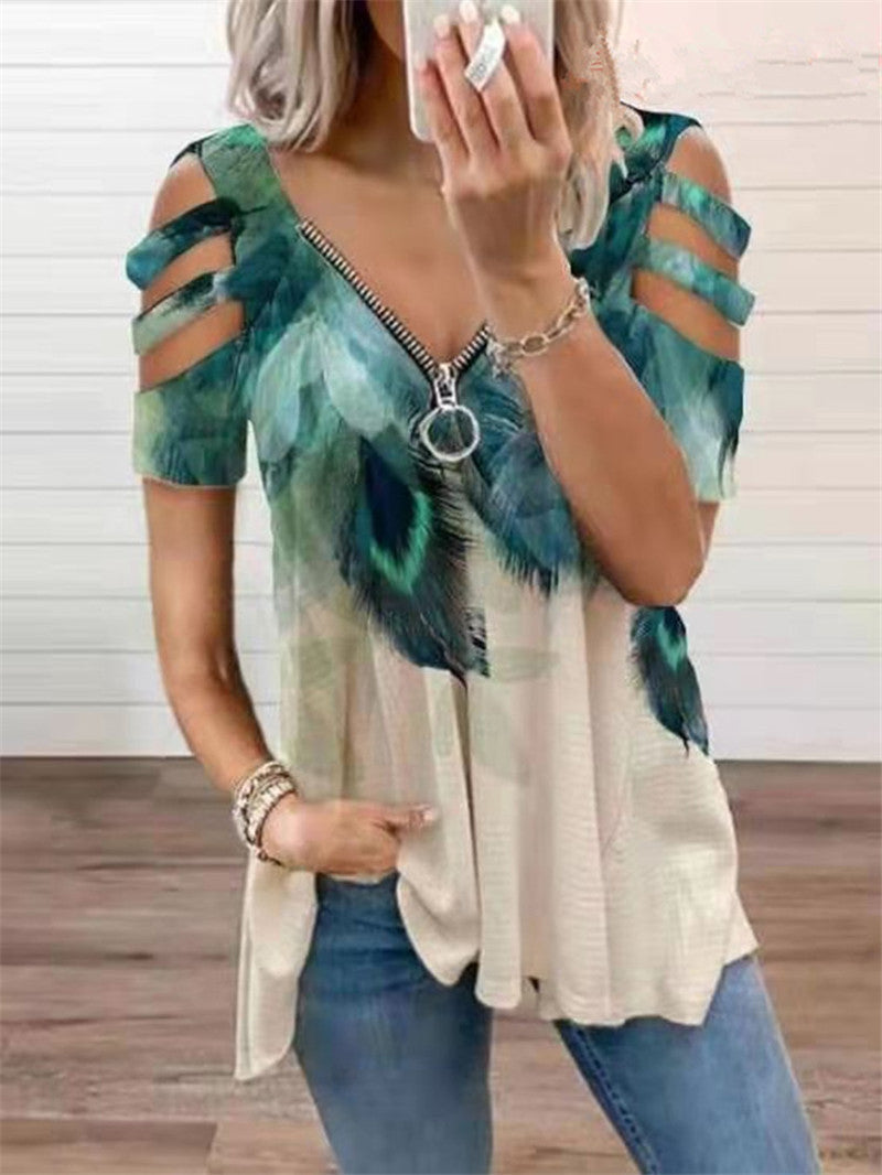 Casual Print V Neck Off Shoulder Loose T-shirt
