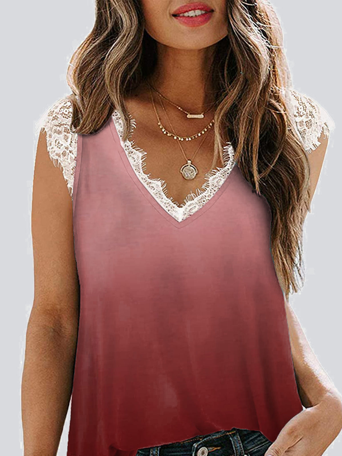 Casual Gradient Color  V Neck Sleeveless Tank Top