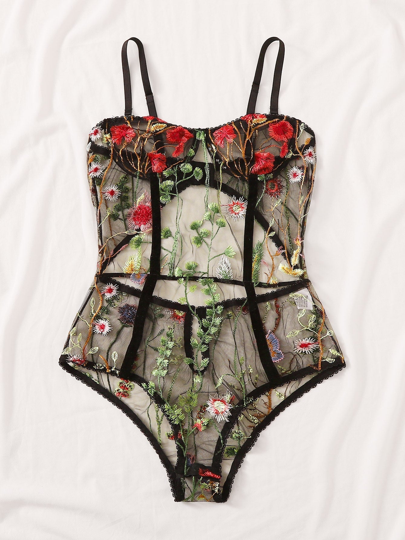 Floral Embroidered Mesh Underwire Teddy Bodysuit
