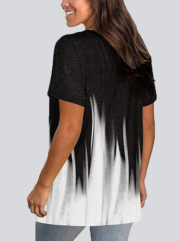 Casual Gradient Color  V Neck Short Sleeve T-shirts