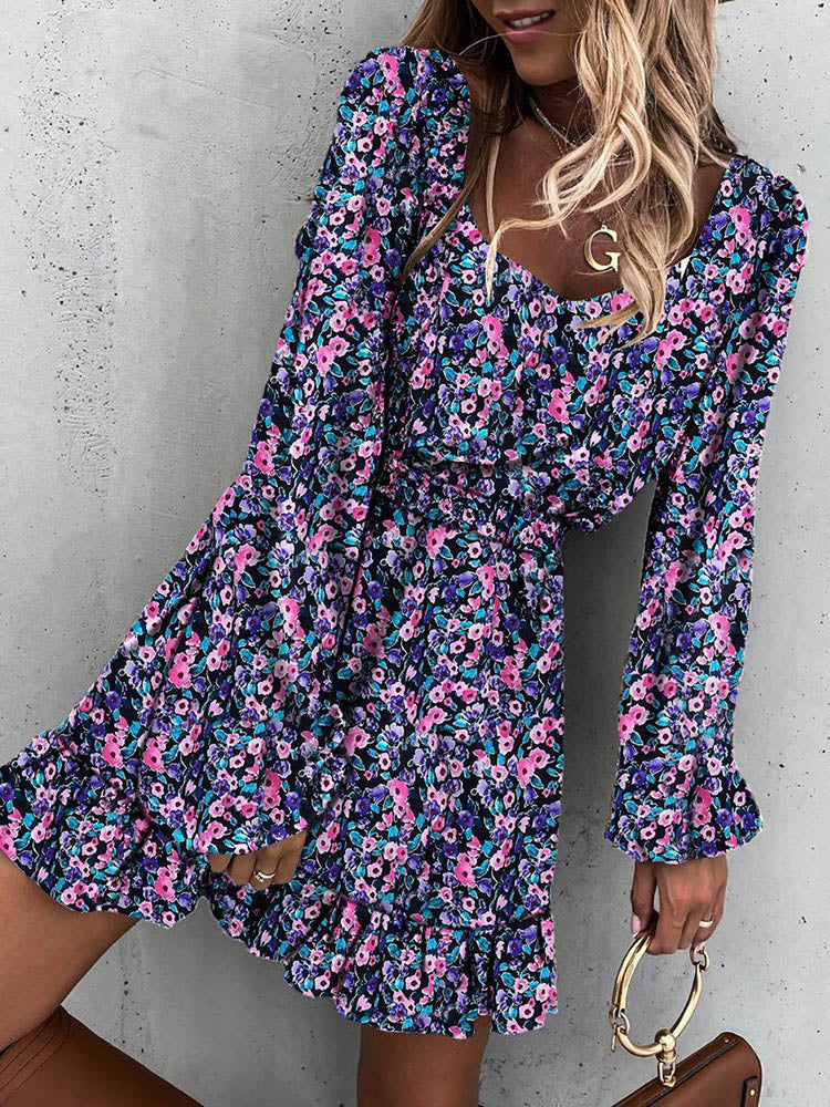Long Sleeve Ruffle Print Dress