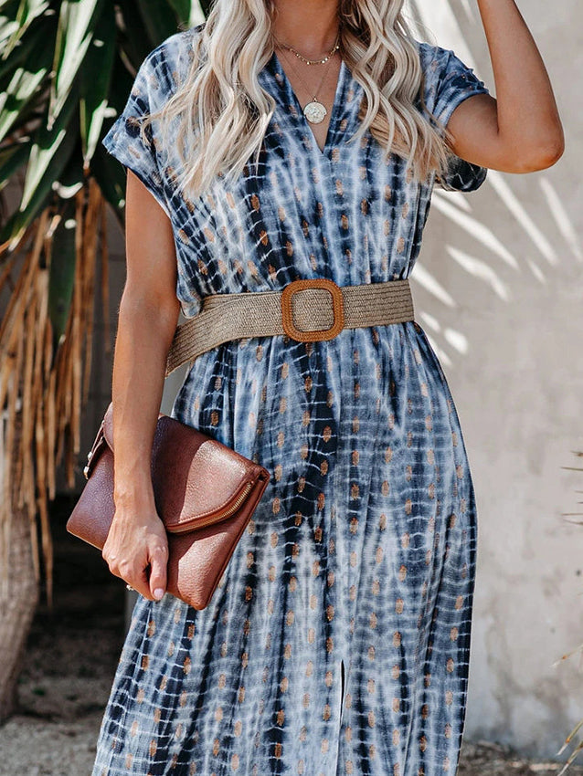 Fashion Printed V-neck Split Skirt With Belt