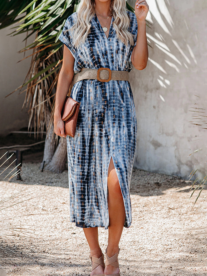 Fashion Printed V-neck Split Skirt With Belt