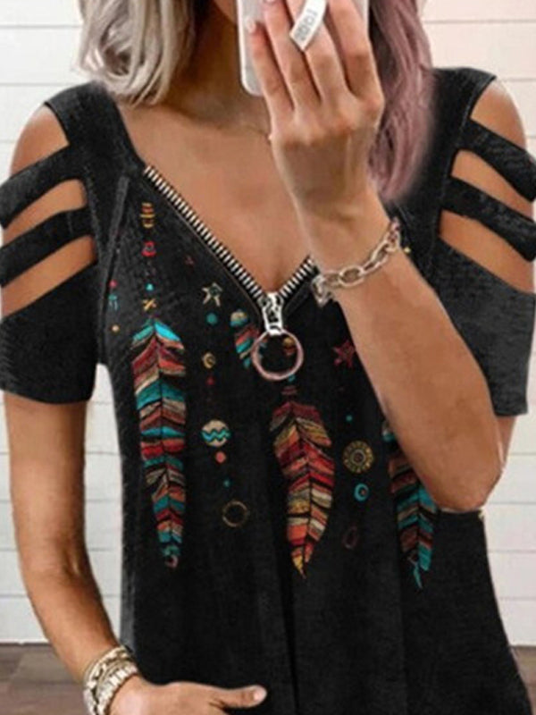 Casual Print V Neck Off Shoulder Loose T-shirt