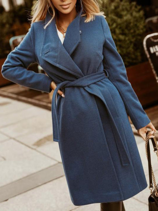 Women's Coats Fashion Belted Long Sleeve Long Woolen Coat