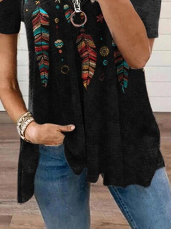 Casual Print V Neck Off Shoulder Loose T-shirt