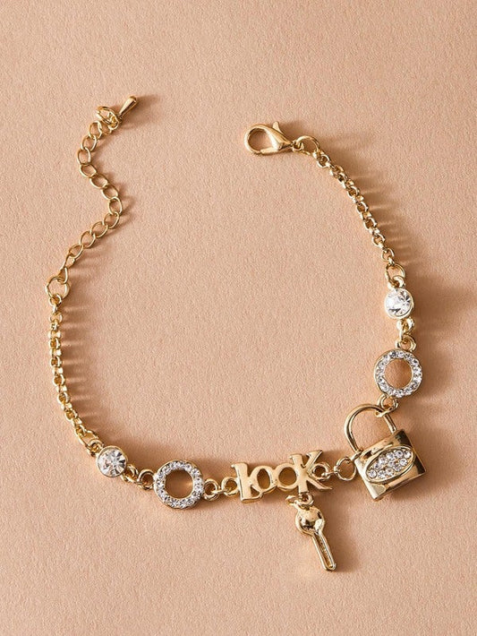 1pc Rhinestone Decor Lock & Key Charm Bracelet