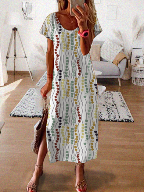 Loose Round Neck Short Sleeve Printed Dress