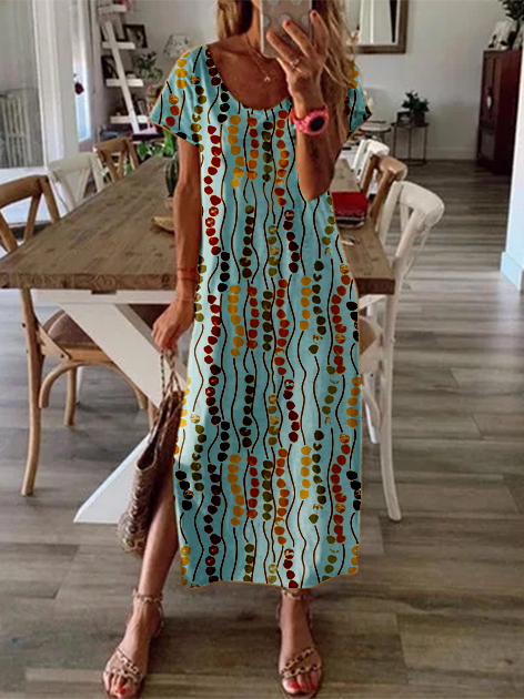Loose Round Neck Short Sleeve Printed Dress