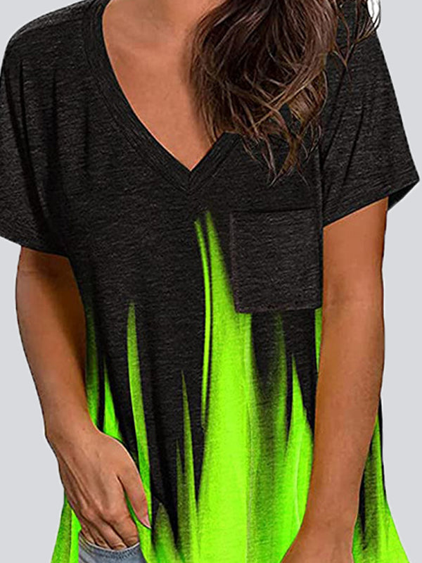 Casual Gradient Color  V Neck Short Sleeve T-shirts