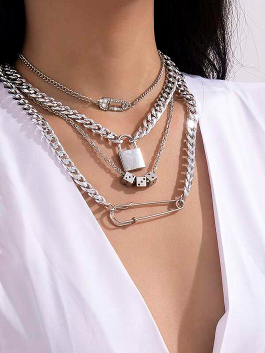 4pcs Lock & Safety Pin Pendant Necklace