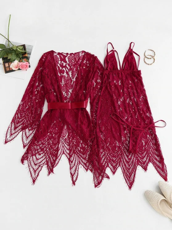 Lace Eyelash See Thru Sexy Lingerie Babydoll with Robe